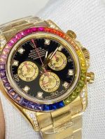 Rolex Rainbow Daytona Replica with Rainbow Diamond Bezel Cal 7750 Movement 316L Steel Gold Strap Watch